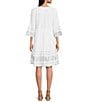 Color:White - Image 2 - Basket Weave Embroidered 3/4 Flounce Sleeves Knee Length Dress