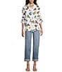 John Mark Butterfly Print Wire Collar 3/4 Sleeve Button Front Tunic, Color:White - Image 3