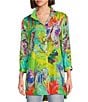 Color:Multiple - Image 1 - Butterfly Print Wire Collar 3/4 Sleeve Button Front Tunic