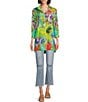 Color:Multiple - Image 3 - Butterfly Print Wire Collar 3/4 Sleeve Button Front Tunic