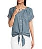 Color:Slate Blue - Image 1 - Button Up Tie Front Short Kimono Sleeve Split Round Neck Embroidered Blouse