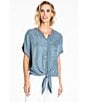 Color:Slate Blue - Image 5 - Button Up Tie Front Short Kimono Sleeve Split Round Neck Embroidered Blouse