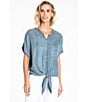 John Mark Button Up Tie Front Short Kimono Sleeve Split Round Neck Embroidered Blouse - Image 5