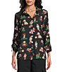 John Mark Christmas Novelty Dog Print Wire Collar 3/4 Cinched Tie Sleeve Button-Front Blouse, Color:Black - Image 1