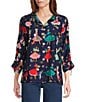 John Mark Christmas Novelty Print Wire Collar 3/4 Cinched Tie Sleeve Button Front Blouse, Color:Navy - Image 1