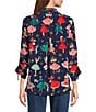 John Mark Christmas Novelty Print Wire Collar 3/4 Cinched Tie Sleeve Button Front Blouse, Color:Navy - Image 2
