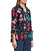 John Mark Christmas Novelty Print Wire Collar 3/4 Cinched Tie Sleeve Button Front Blouse, Color:Navy - Image 3