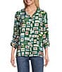 John Mark Christmas Novelty Stamp Print Wire Collar 3/4 Cinched Tie Sleeve Button Front Blouse, Color:Forest - Image 1