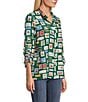 John Mark Christmas Novelty Stamp Print Wire Collar 3/4 Cinched Tie Sleeve Button Front Blouse, Color:Forest - Image 3