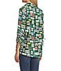 John Mark Christmas Novelty Stamp Print Wire Collar 3/4 Cinched Tie Sleeve Button Front Blouse, Color:Forest - Image 4
