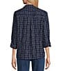 John Mark Clipped Jacquard Fringe Point Collar Long Roll-Tab Sleeve Button-Front Top, Color:Navy - Image 2