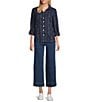 John Mark Clipped Jacquard Fringe Point Collar Long Roll-Tab Sleeve Button-Front Top, Color:Navy - Image 3