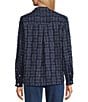 John Mark Clipped Jacquard Fringe Point Collar Long Roll-Tab Sleeve Button-Front Top, Color:Navy - Image 5