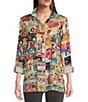 Color:Multi - Image 1 - Comic Strip Point Collar Long Roll-Tab Sleeve Button Front Tunic