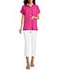 Color:Fuchsia - Image 3 - Crinkle Short Dolman Sleeve Point Collar Button Front Shirt