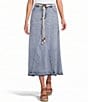 John Mark Denim Shark Bite Hem Fringe Belted Button Front Midi Skirt - Image 1