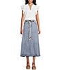 John Mark Denim Shark Bite Hem Fringe Belted Button Front Midi Skirt - Image 3