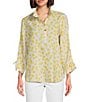 Color:Yellow - Image 1 - Dot Print Collar Neck 3/4 Sleeve Hi-Low Button Front Top