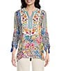 Color:Floral Multi - Image 1 - Embroidered Floral Print Split V-Neck 3/4 Cinched Tie Sleeve Woven Tunic