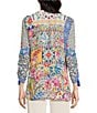 Color:Floral Multi - Image 2 - Embroidered Floral Print Split V-Neck 3/4 Cinched Tie Sleeve Woven Tunic