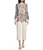 Color:Floral Multi - Image 3 - Embroidered Floral Print Split V-Neck 3/4 Cinched Tie Sleeve Woven Tunic