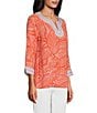 John Mark Embroidered Allover Tropical Leaf Print Split V-Neck 3/4 Sleeve Tunic, Color:Leaf Print - Image 3
