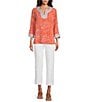John Mark Embroidered Allover Tropical Leaf Print Split V-Neck 3/4 Sleeve Tunic, Color:Leaf Print - Image 5