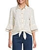 John Mark Embroidered Dots Tassel Trim Point Collar 3/4 Sleeve Button Tie-Front Blouse, Color:Ivory - Image 1
