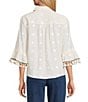 John Mark Embroidered Dots Tassel Trim Point Collar 3/4 Sleeve Button Tie-Front Blouse, Color:Ivory - Image 2
