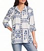 John Mark Embroidered Floral Eyelet Patchwork Point Collar Long Roll-Tab Sleeve Button Front Shirt - Image 1