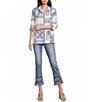 John Mark Embroidered Floral Eyelet Patchwork Point Collar Long Roll-Tab Sleeve Button Front Shirt - Image 5