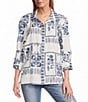 John Mark Embroidered Floral Eyelet Patchwork Point Collar Long Roll-Tab Sleeve Button Front Shirt - Image 3