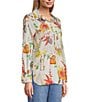 John Mark Embroidered Floral Point Collar Long Roll-Tab Sleeve Button Front Blouse, Color:Floral Multi - Image 3