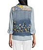 Color:Denim - Image 2 - Embroidered Floral Point Collar Sleeveless Button-Front Denim Vest