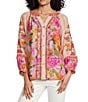 John Mark Embroidered Floral Split V-Neck 3/4 Cuff Sleeve Hi-Low Hem Button Front Top - Image 1