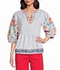 John Mark Embroidered Floral Stripe Split V-Neck 3/4 Sleeve Top - Image 1