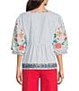 John Mark Embroidered Floral Stripe Split V-Neck 3/4 Sleeve Top - Image 2