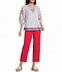 John Mark Embroidered Floral Stripe Split V-Neck 3/4 Sleeve Top - Image 3