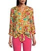 Color:Multiple - Image 1 - Embroidered Floral Tie Front Y-Split Collar 3/4 Sleeve Blouse