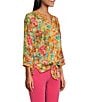 Color:Multiple - Image 3 - Embroidered Floral Tie Front Y-Split Collar 3/4 Sleeve Blouse