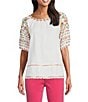 Color:White - Image 1 - Embroidered Linen Round Neck Elbow Sleeve Tunic