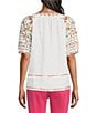 Color:White - Image 2 - Embroidered Linen Round Neck Elbow Sleeve Tunic