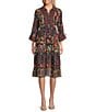John Mark Embroidered Mixed Print Collared Y-Neck 3/4 Cinched Tie Sleeve Tiered A-Line Midi Dress, Color:Multi - Image 1