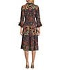 John Mark Embroidered Mixed Print Collared Y-Neck 3/4 Cinched Tie Sleeve Tiered A-Line Midi Dress, Color:Multi - Image 2