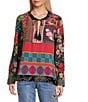 John Mark Embroidered Mixed Print Split V-Neck Long Roll-Tab Sleeve Tassel Tie Tunic, Color:Multi - Image 1