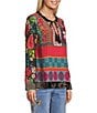 John Mark Embroidered Mixed Print Split V-Neck Long Roll-Tab Sleeve Tassel Tie Tunic, Color:Multi - Image 3