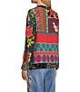 John Mark Embroidered Mixed Print Split V-Neck Long Roll-Tab Sleeve Tassel Tie Tunic, Color:Multi - Image 4