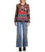 John Mark Embroidered Mixed Print Split V-Neck Long Roll-Tab Sleeve Tassel Tie Tunic, Color:Multi - Image 5