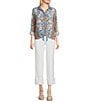 John Mark Embroidered Multi Floral Point Collar Long Roll-Tab Sleeve Tie-Front Top, Color:Floral Multi - Image 5