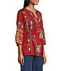 John Mark Embroidered Multi Patch Split V-Neck 3/4 Sleeve Hi-Low Hem Tunic, Color:Dark Spice - Image 3